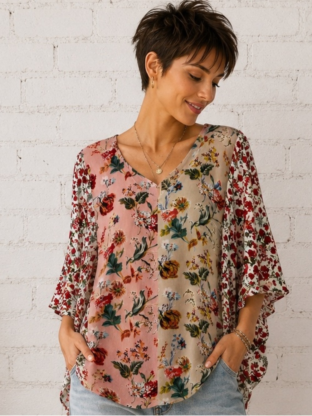 Umgee Mixed Floral Boho Blouse - Kimono Sleeve -  Oversized Tunic